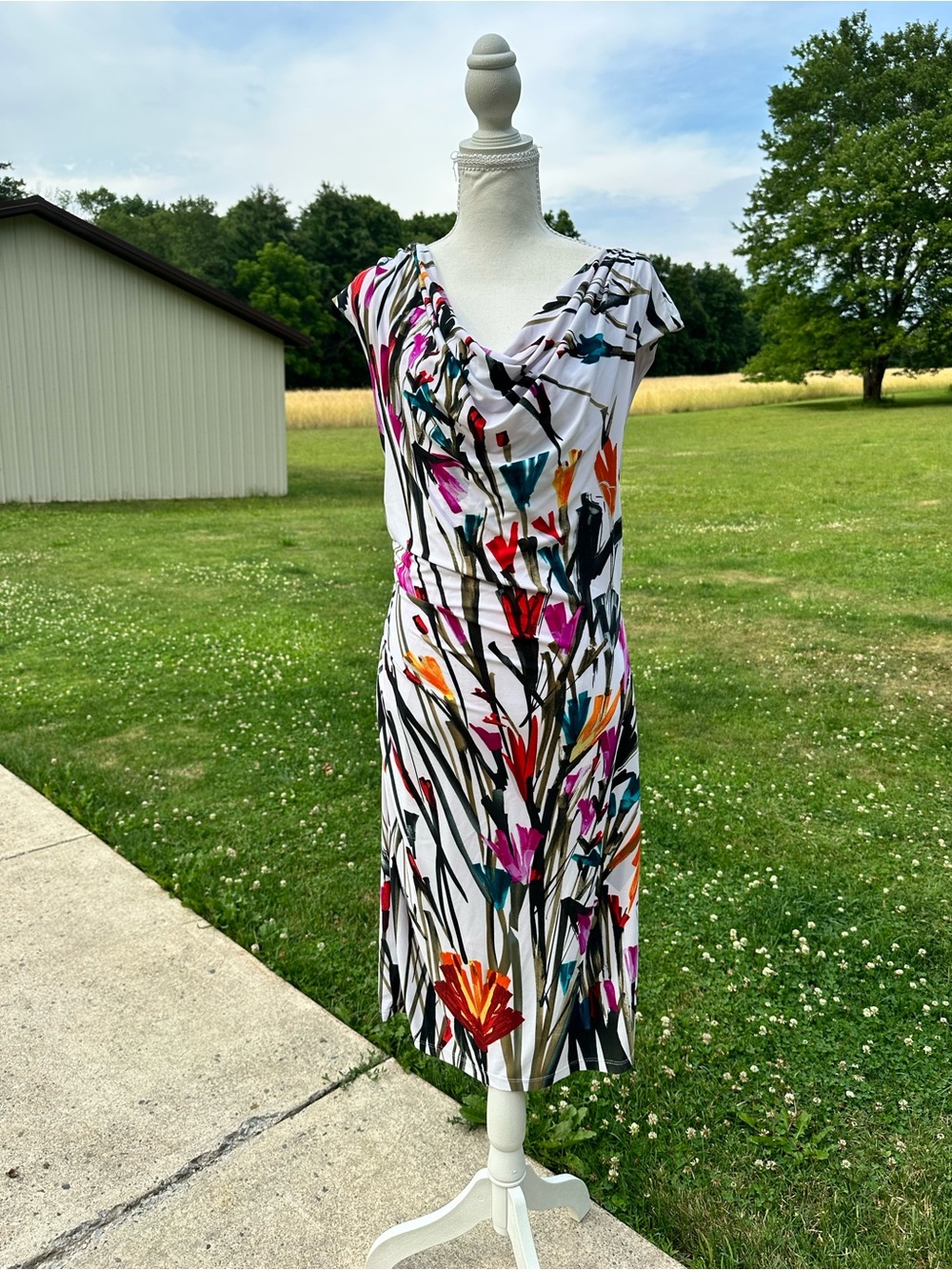 Ronni Nicole White Floral Cowl Neck Midi Dress with Multicolor Blooms